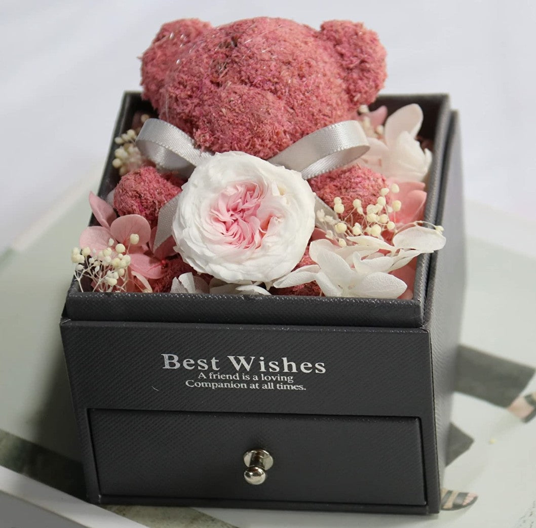 Bear Preserved Real Rose with Necklace in Jewelry Box – Same Day