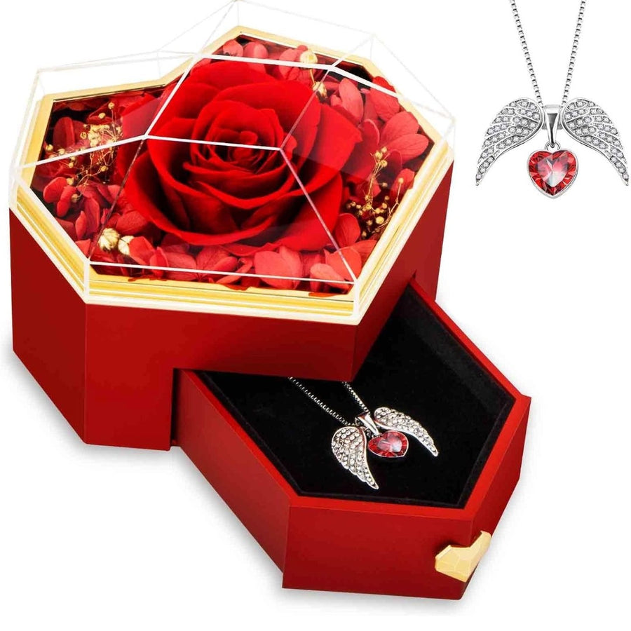 Preserved Real Rose with Angel Wings Heart Necklace