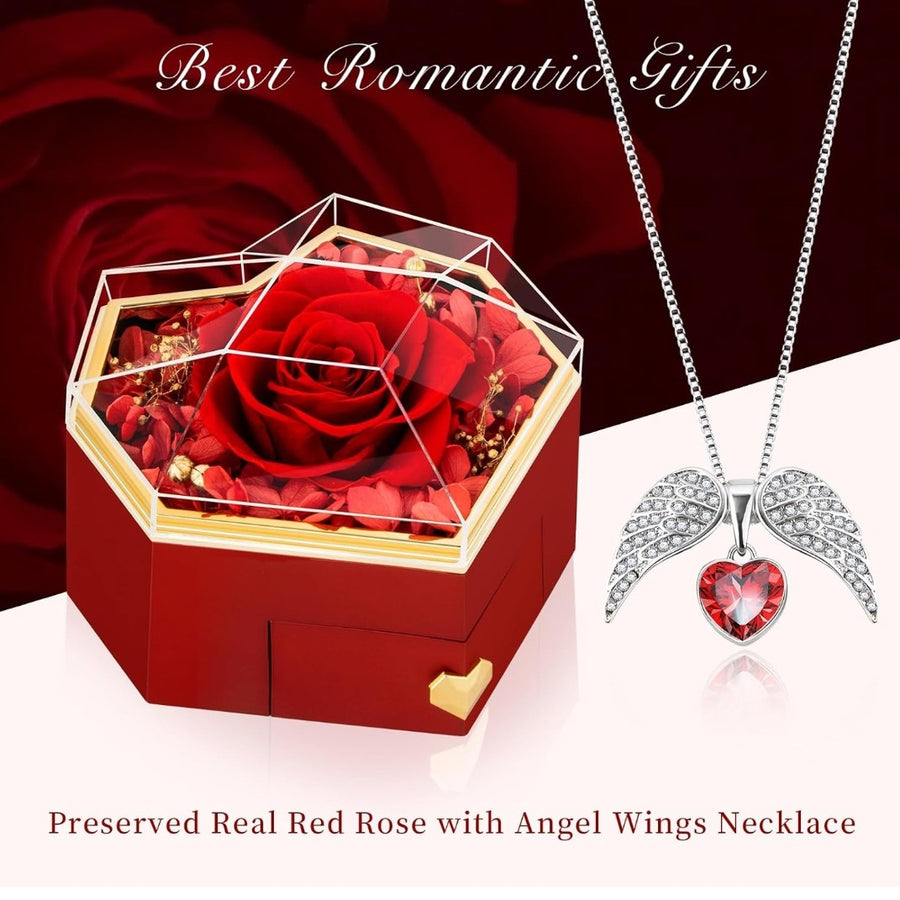 Preserved Real Rose with Angel Wings Heart Necklace